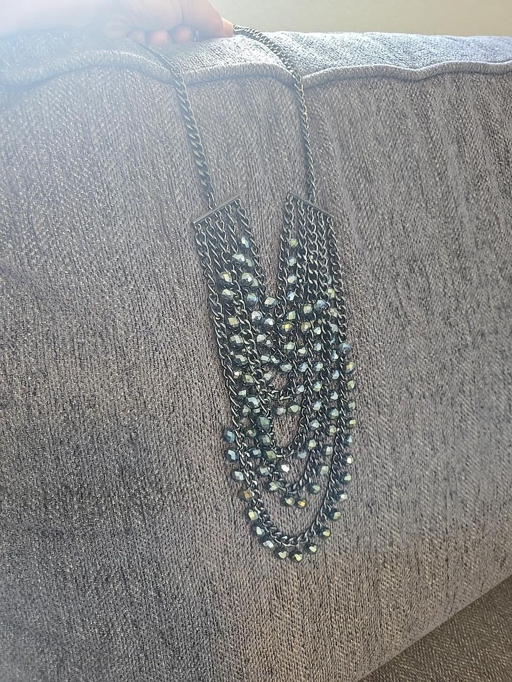 Long Multi Strand Gunmetal Beaded Bib Necklace Cascading Statement Jewelry - Picture 2 of 2
